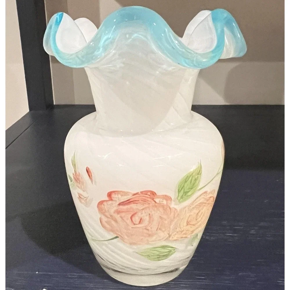 Teleflora Aqua Crest Ruffled‎ Vase Optic Swirl White Satin Hand Painted Roses